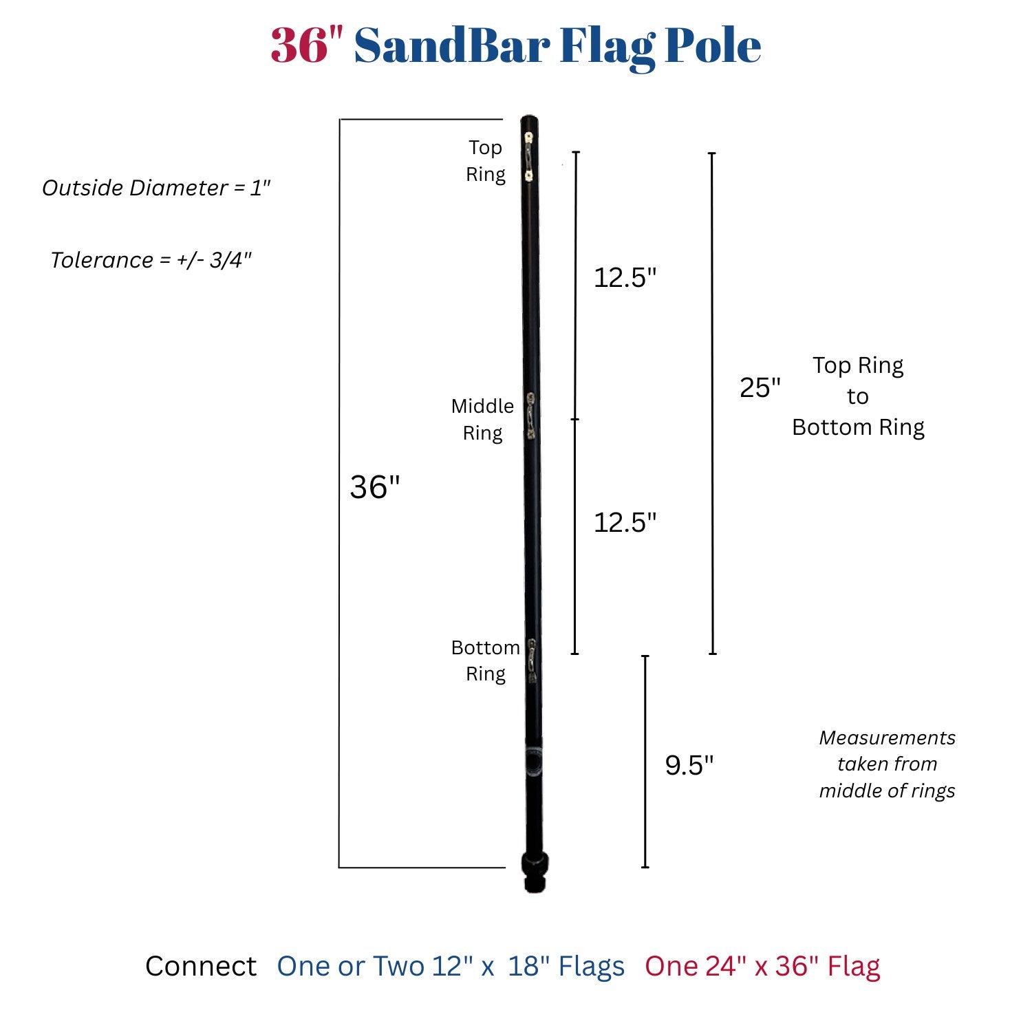 Measurement chart of a 36-inch sandbar flag pole with dimensions labeled.
