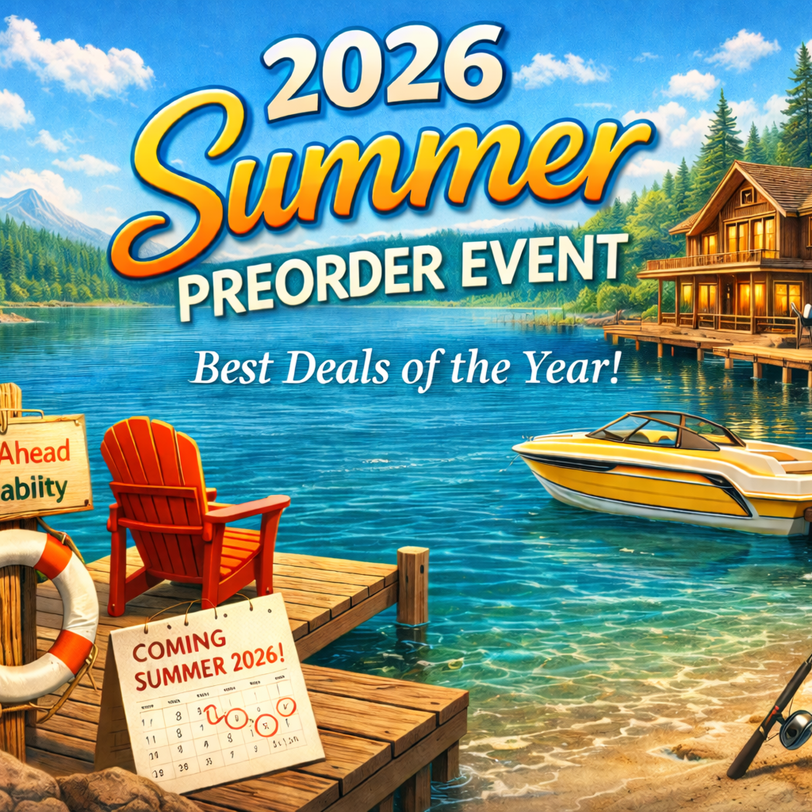 Promotional image for a 2026 Summer Preorder Event with a lake scene, boat, and cabin.
