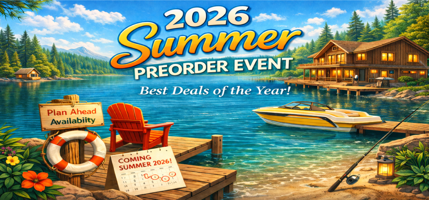 Promotional graphic for a 2026 Summer Preorder Event with a lakeside cabin and dock.